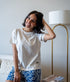 Women Summer Pajama set Off White T-shirt + Dark Blue Flowers Shorts